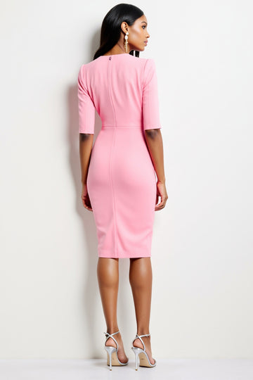Pink V-Neck Ruched Sheath Work Dress with Half Sleeves